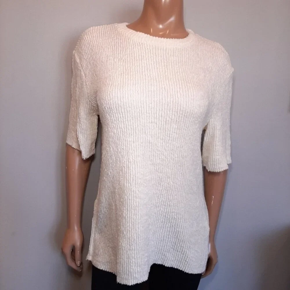 NEW Zara Oversized Ribbed Knit Short Sleeve Sweater Raw Hem Slouched Ivory - Picture 2 of 13